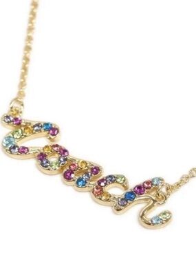 Coach Multicolor Rainbow Signature Script Gold Tone Glass Rhinestone Necklace